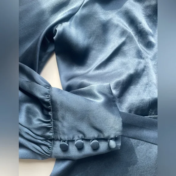 SANDRA ANGELOZZI Silk Wrap Blouse — Navy Silk Satin Wrap Top Large 42 - Picture 7 of 9